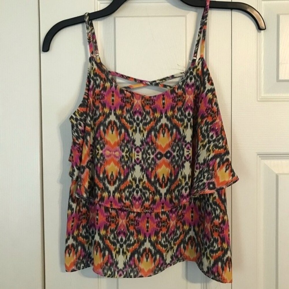PAPER CRANE Small Orange Black White Strappy Top Criss Cross Layered Ruffle